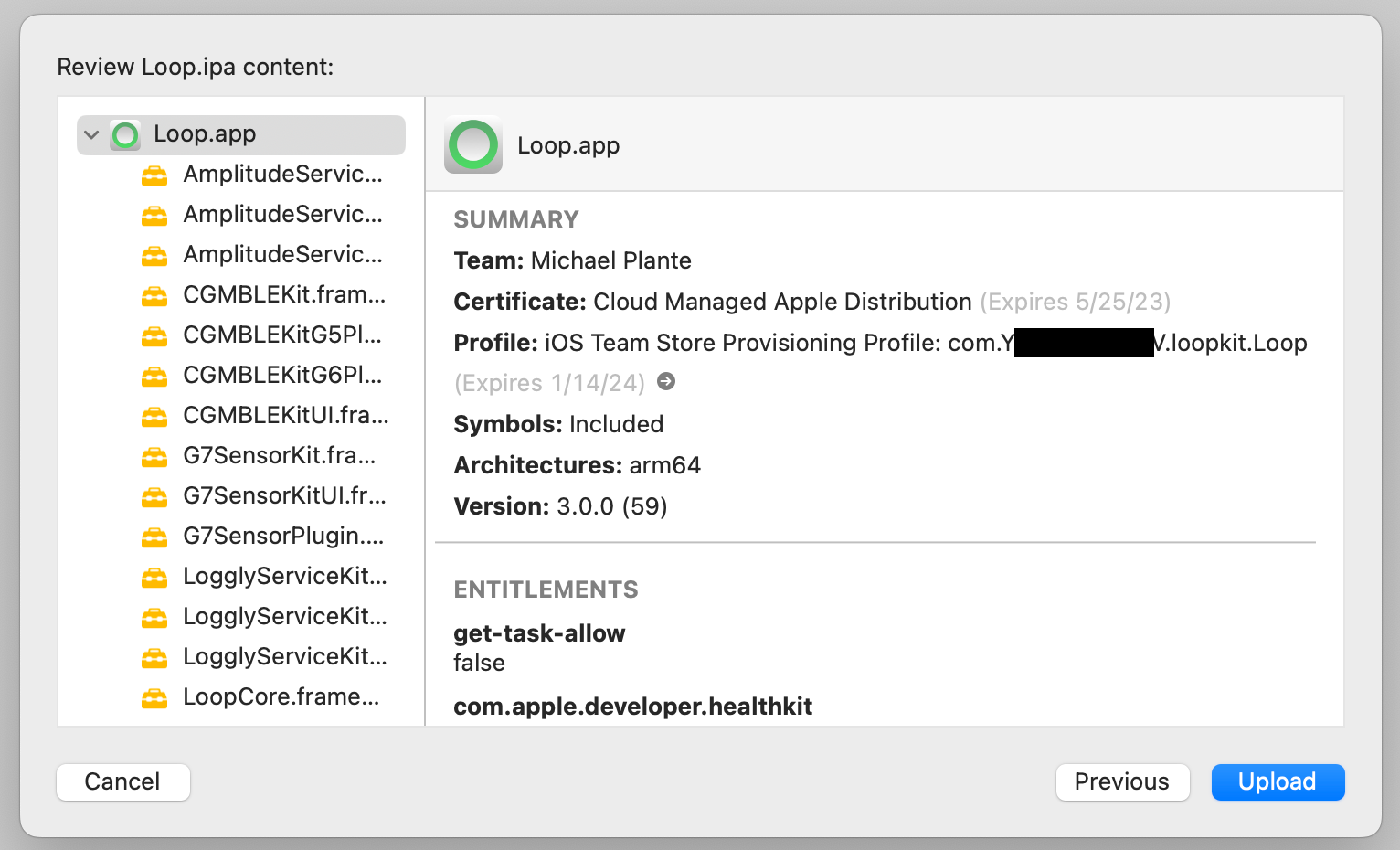 Review Loop.ipa before upload page