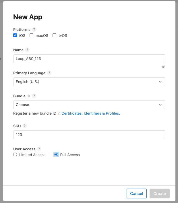 create loop app in store connect - with missing bundle id