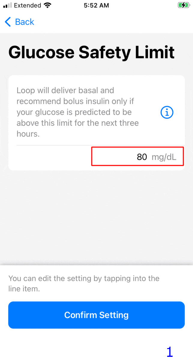several screens showing glucose safety limit entry