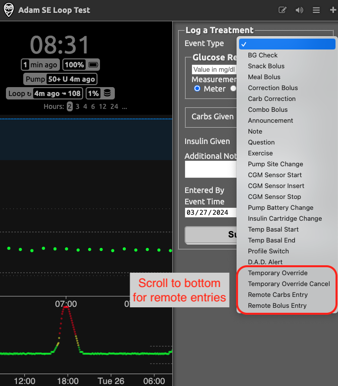 after starting the careportal you must go to the bottom of the list to find remote commands