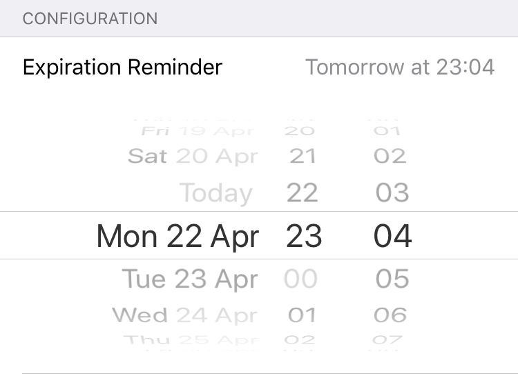 view of the expiration reminder selection wheel